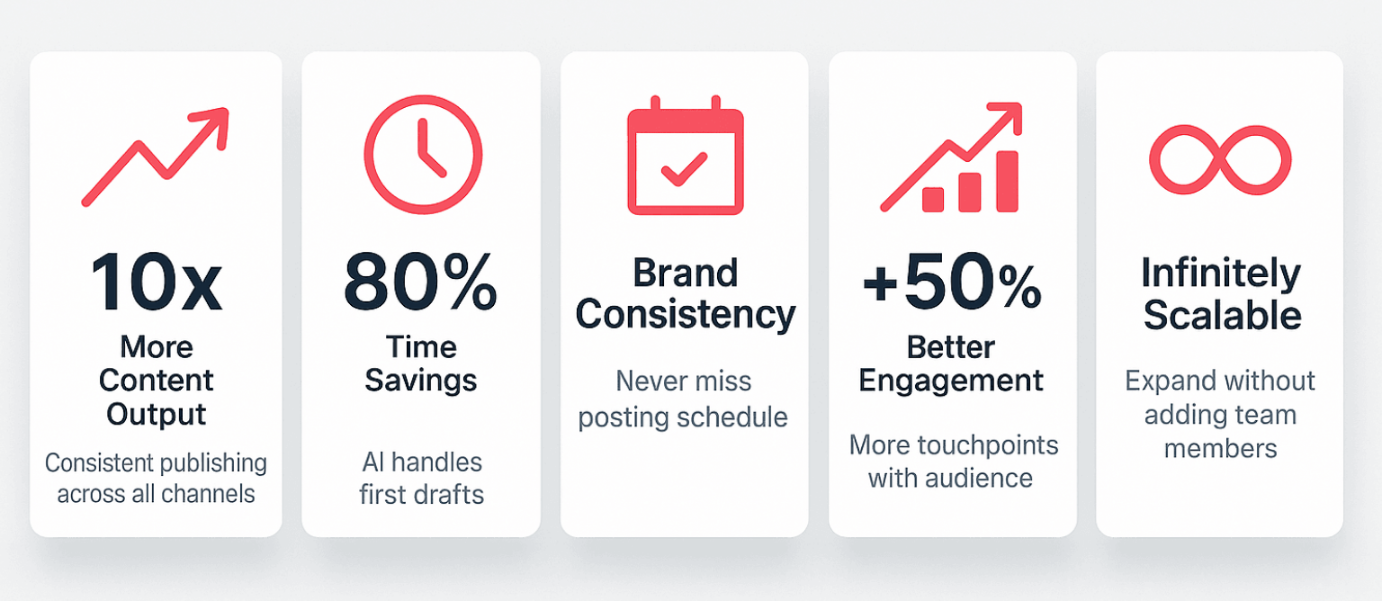 Benefits of automating content creation with Midnight Flow: 10x more content output, 80% time savings, consistent brand presence, better engagement, and infinitely scalable production